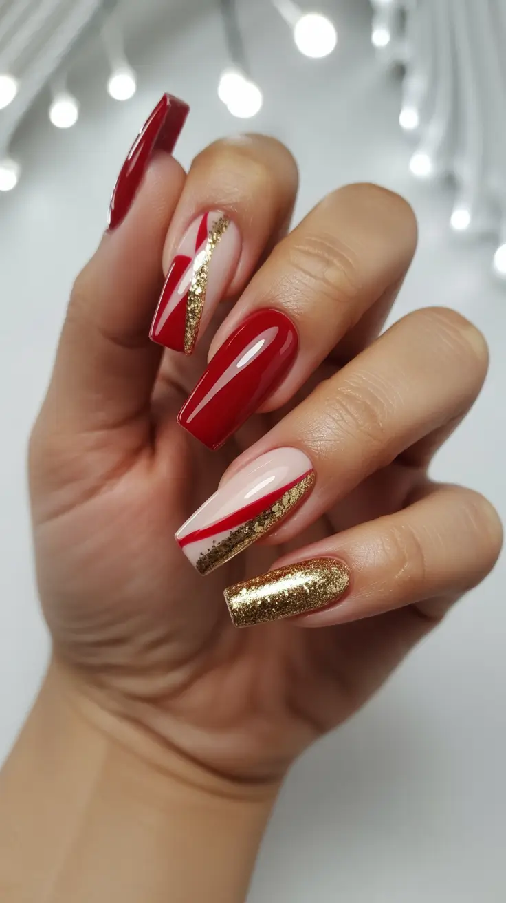 gold fall nails 2025 Red and Gold Holiday-Inspired Glam