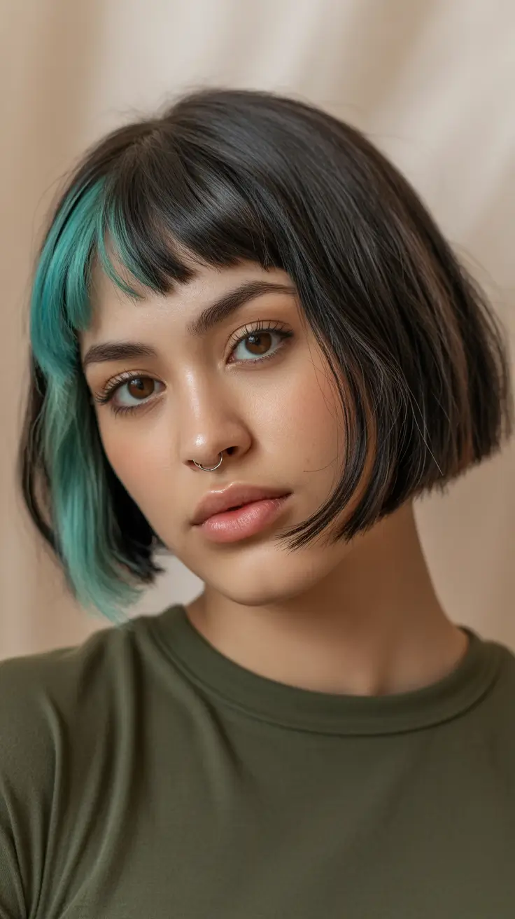 winter hair colors dark skin 2025-2026 Playful Bob with Emerald Streaks