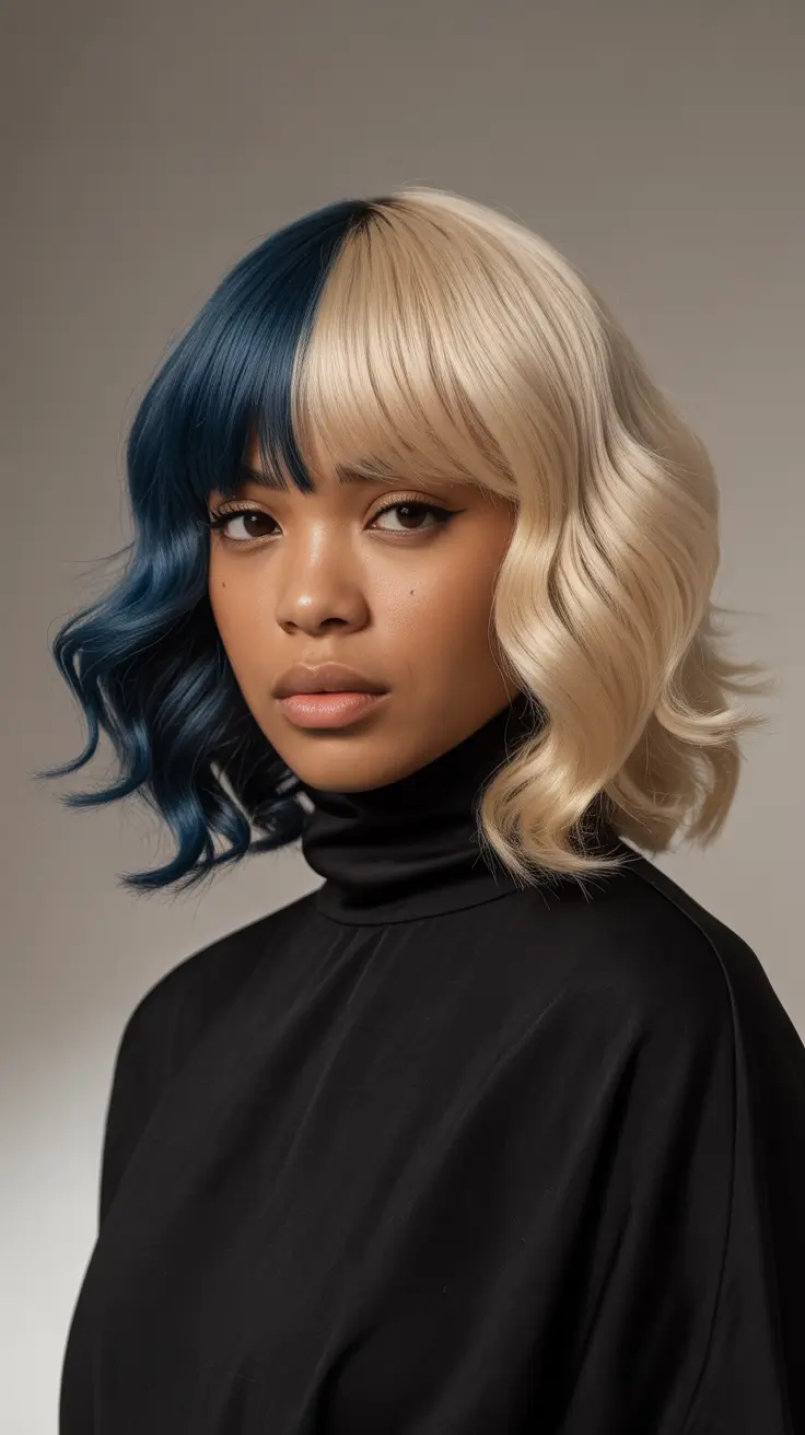 winter hair colors dark skin 2025-2026 Two-Tone Chic Blonde Meets Blue