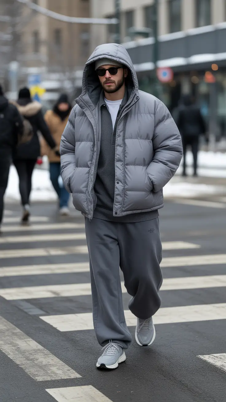 winter outfits men 2025-2026 All-Grey Snowcore Done Right
