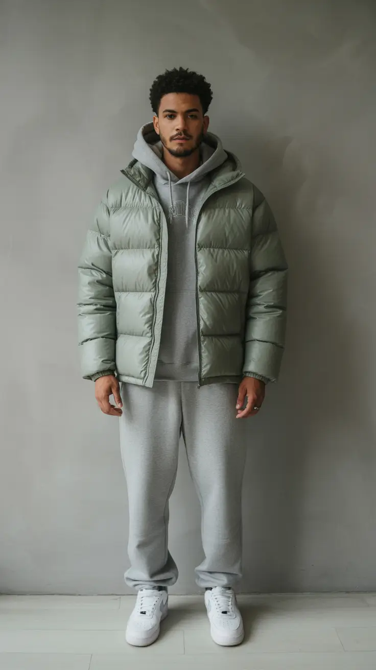winter outfits men 2025-2026 Soft Streetwear in Muted Green
