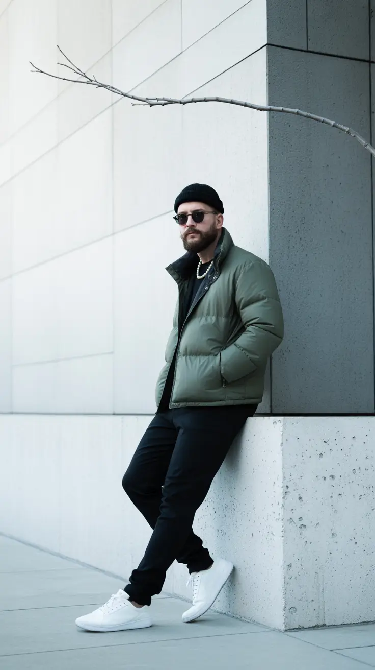 winter outfits men 2025-2026 Modern Street Cool in Monochrome Sage