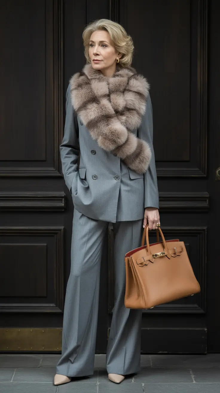 winter outfits over 50 2025-2026 Tailored Gray with Luxe Fur