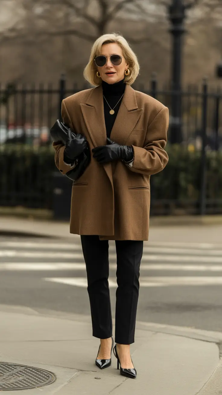 winter outfits over 50 2025-2026 Sharp Camel and Black Layers