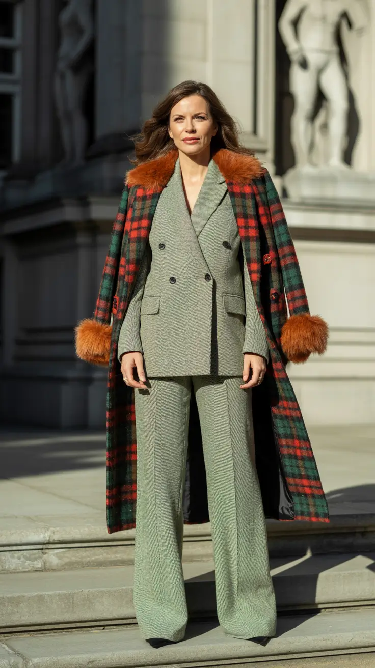 winter outfits over 50 2025-2026 Green Suit with a Plaid Twist