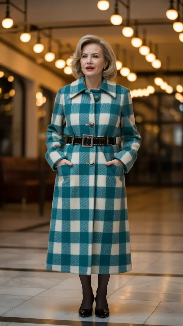 winter outfits over 50 2025-2026 Teal Checks with a Cinched Waist