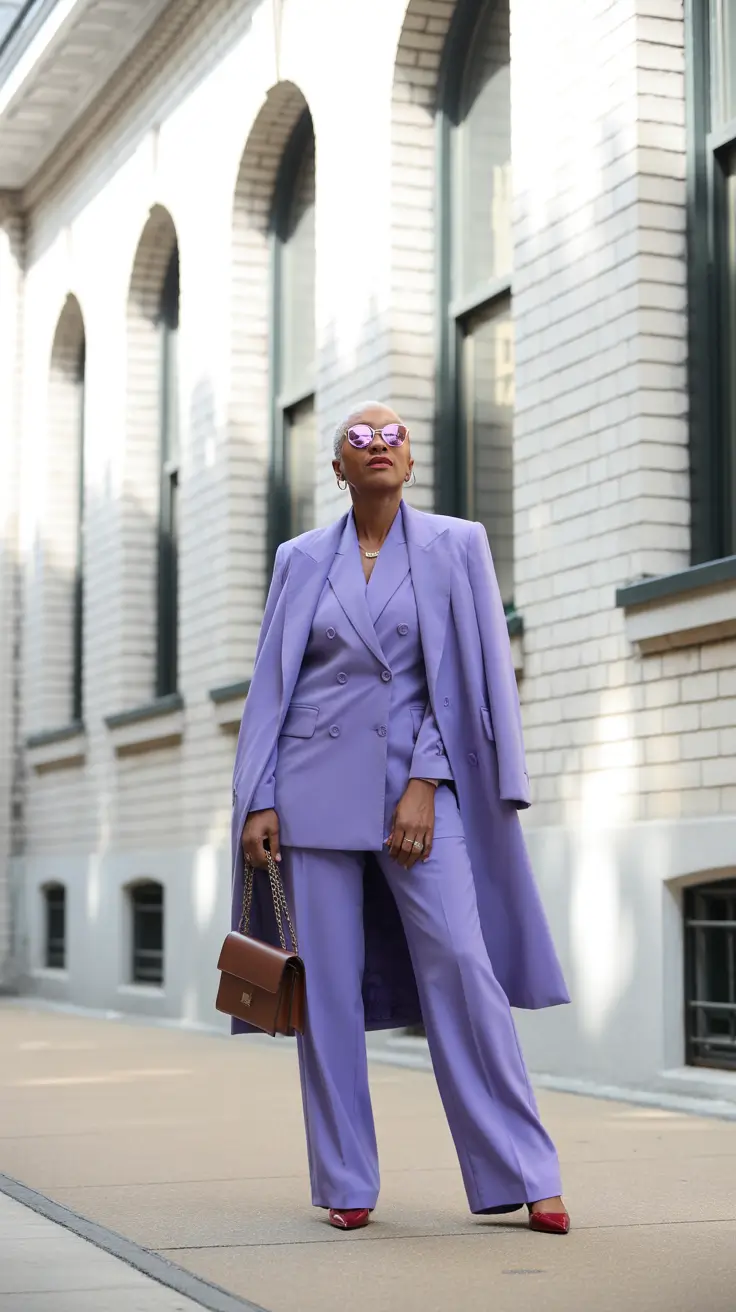 winter outfits over 60 2025-2026 Confident Lavender Power Suit
