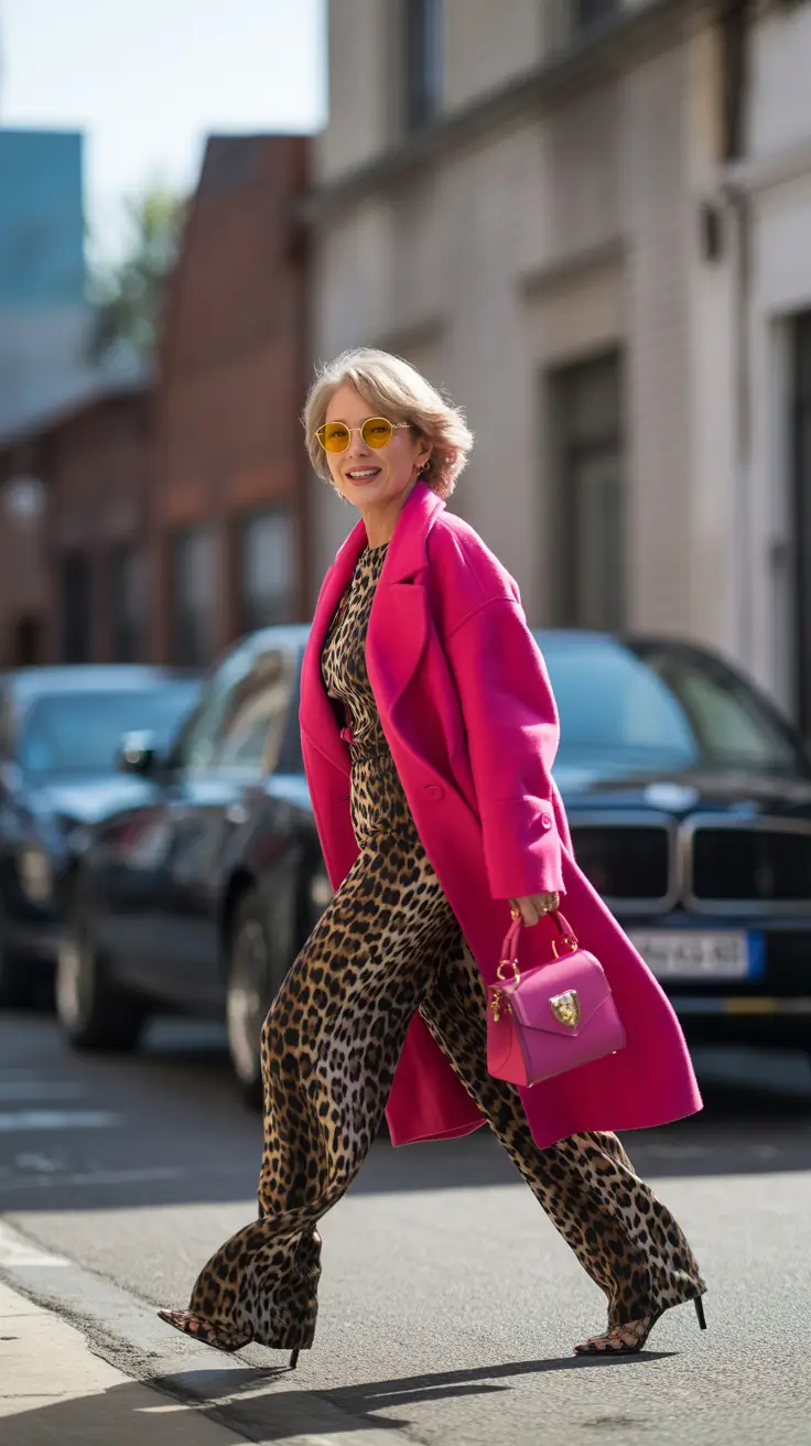winter outfits over 60 2025-2026 Bold Pink Meets Leopard Confidence