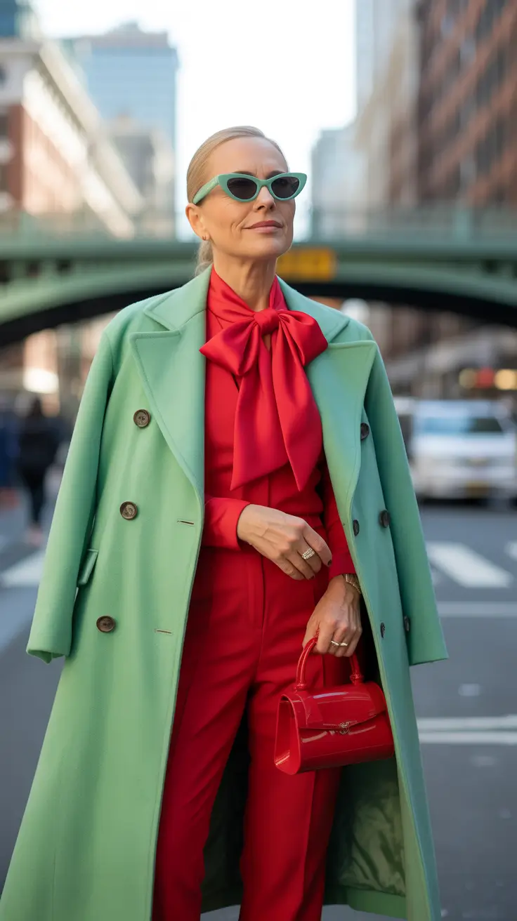 winter outfits over 60 2025-2026 Red and Mint Power Play