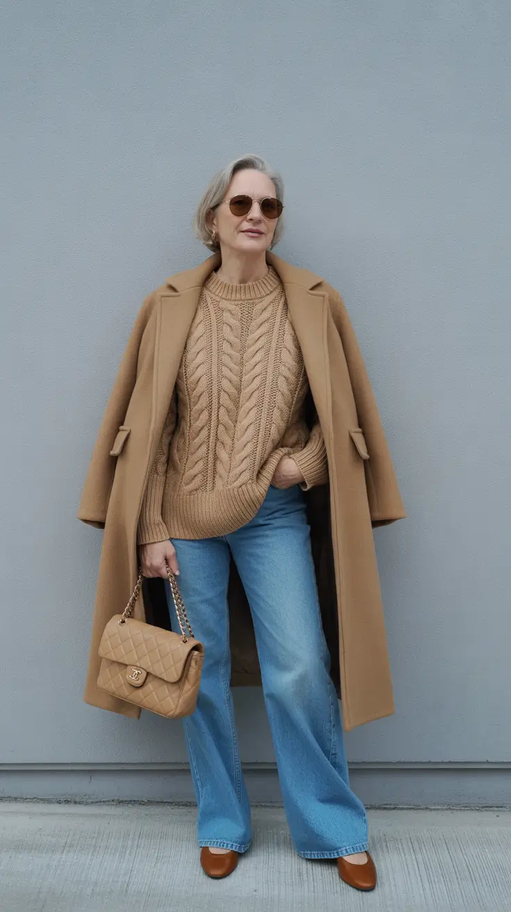 winter outfits over 60 2025-2026 Camel Monochrome with Denim Relaxation