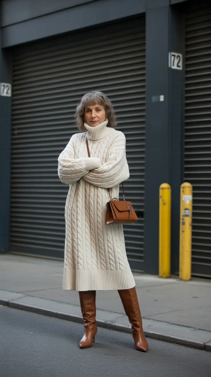 winter outfits over 60 2025-2026 Cozy Knit Dress with Tall Boots