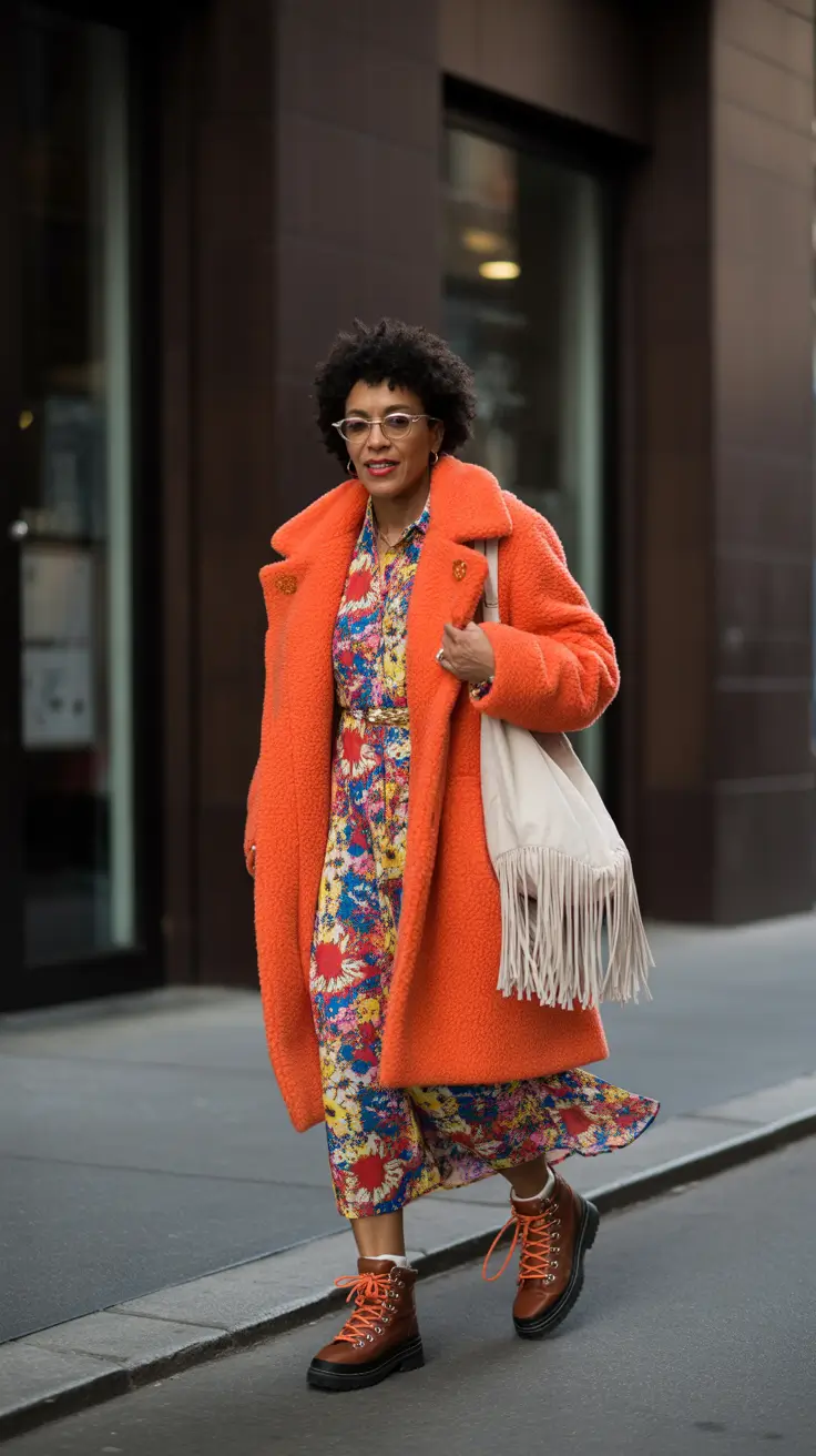 winter outfits over 60 2025-2026 Bright Florals with Cozy Layers