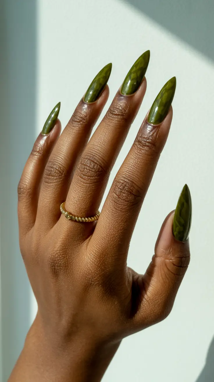 Olive green fall nails 2025 Glossy Olive Stiletto with Camouflage Undertones