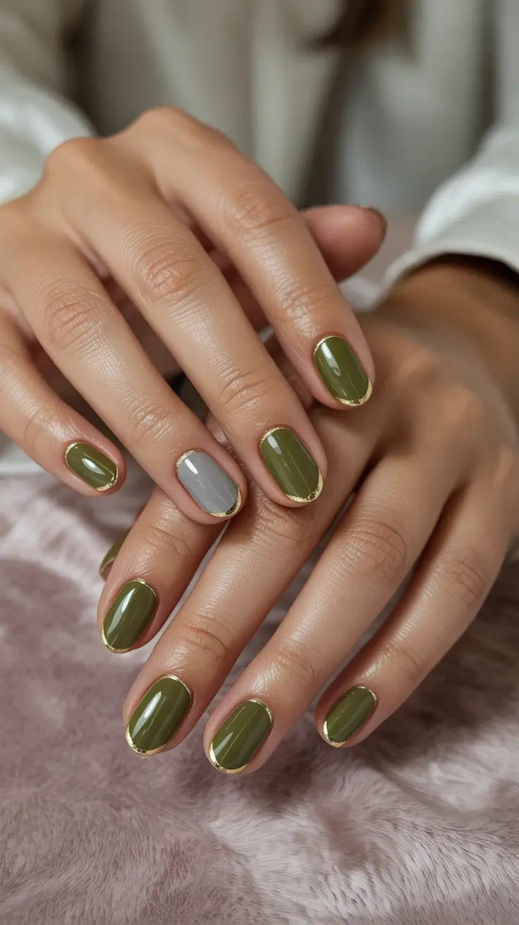 Olive green fall nails 2025 Gold-Framed Olive and Grey Contrast