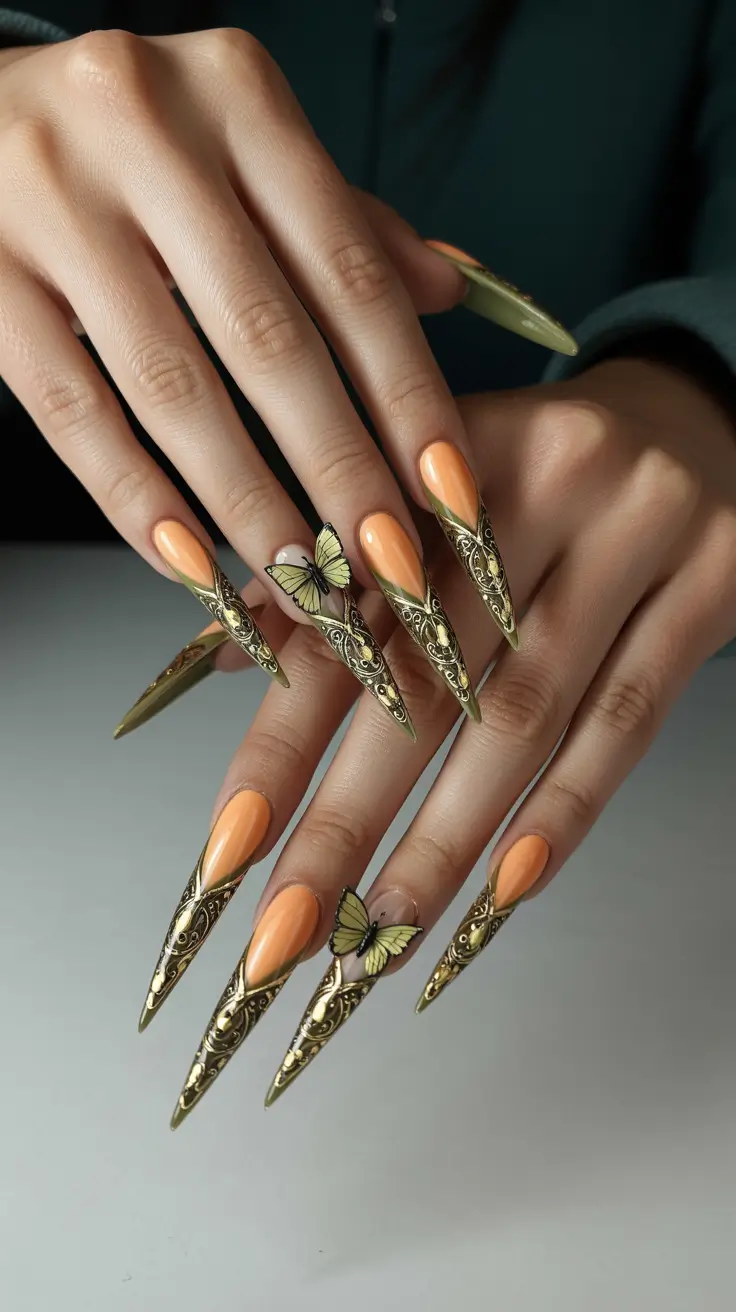 Olive green fall nails 2025 Ornate Almonds with Butterfly Sculptures