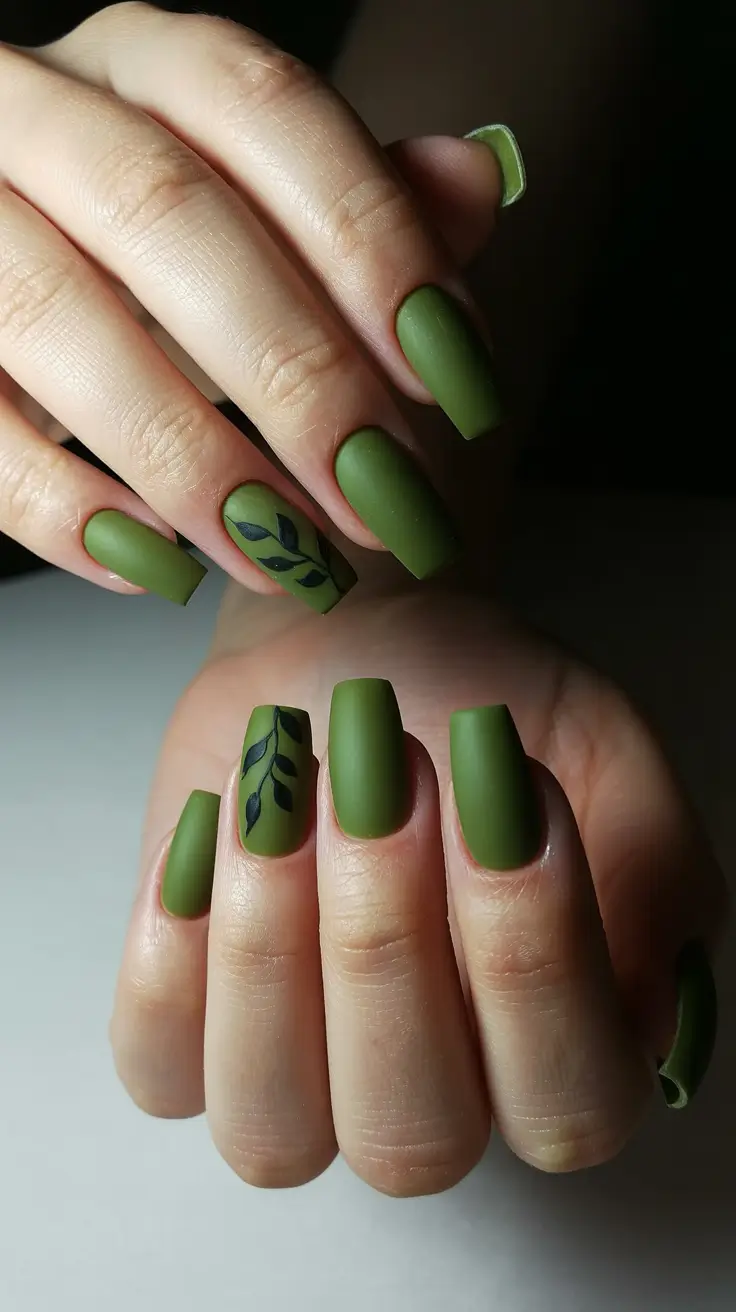 Olive green fall nails 2025 Matte Greenery with Minimalist Leaf Art