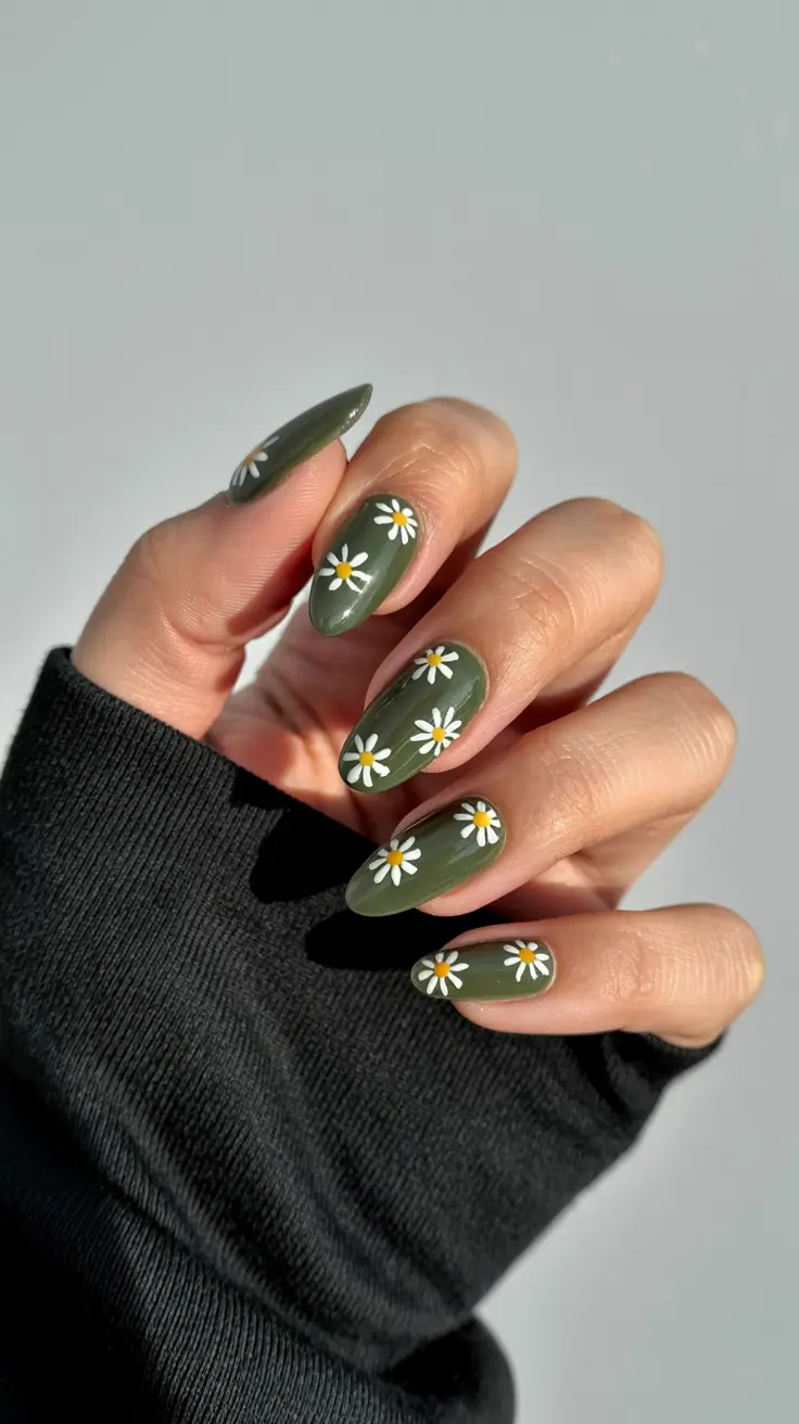 Olive green fall nails 2025 Daisy Charm on Olive