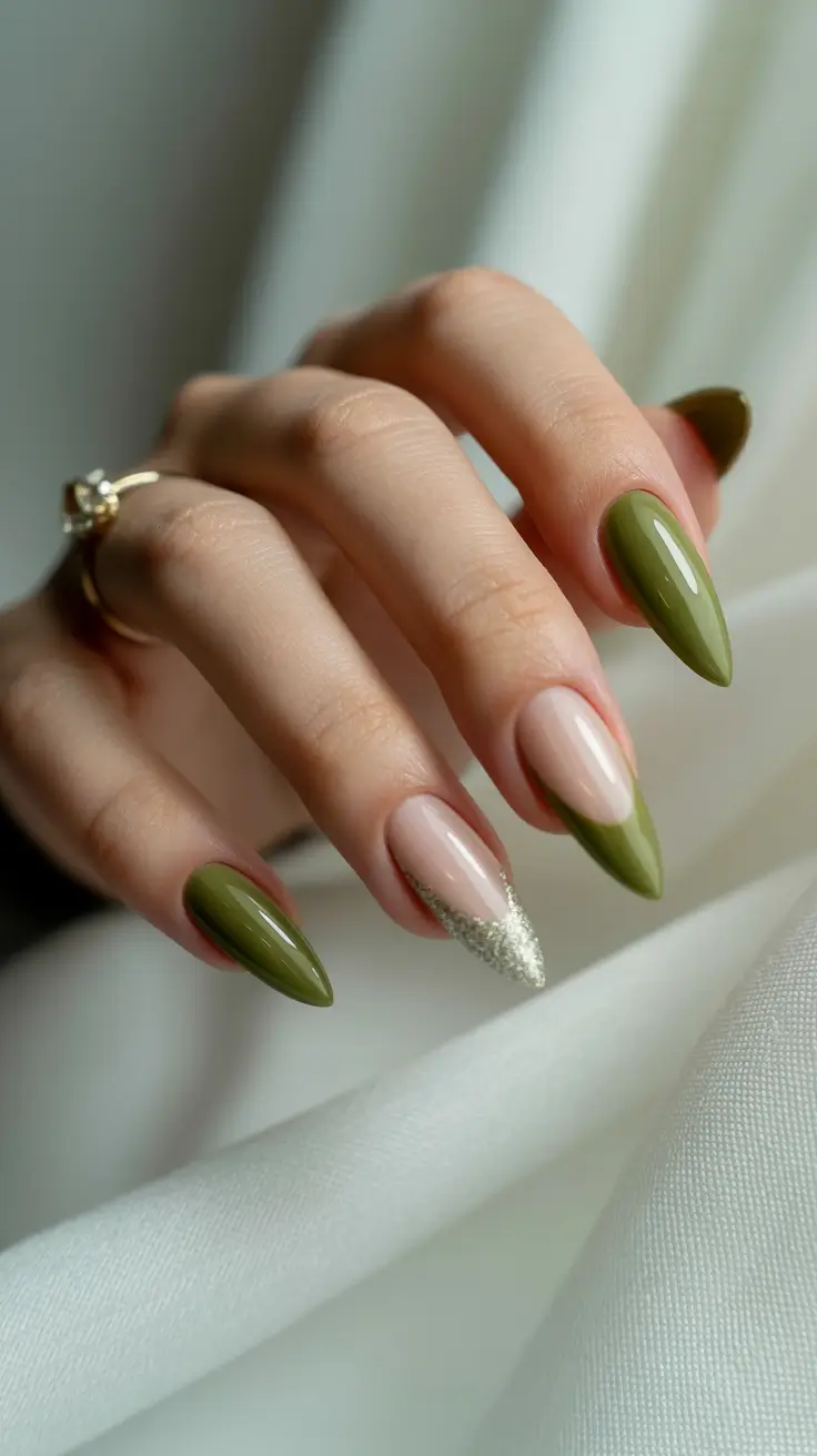 Olive green fall nails 2025 Glossy Olive Almonds with a Silver Twist
