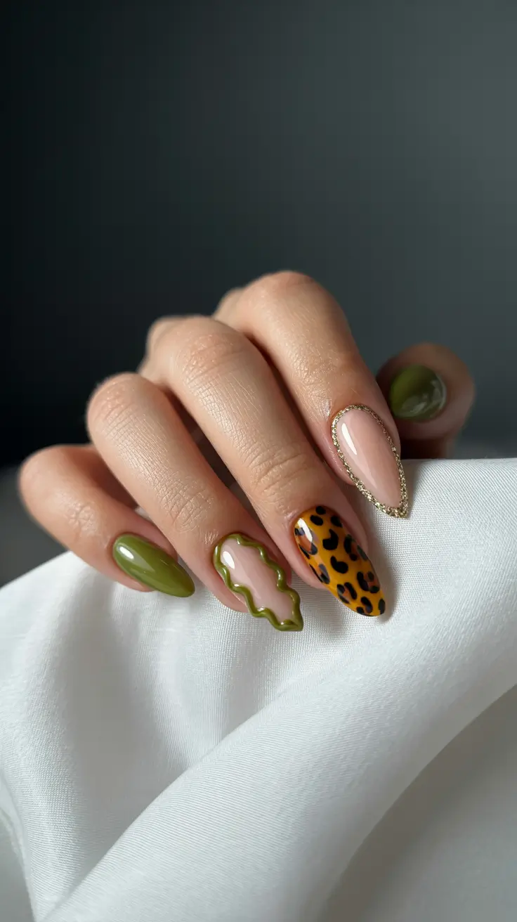 Olive green fall nails 2025 Olive Meets Leopard and Squiggle