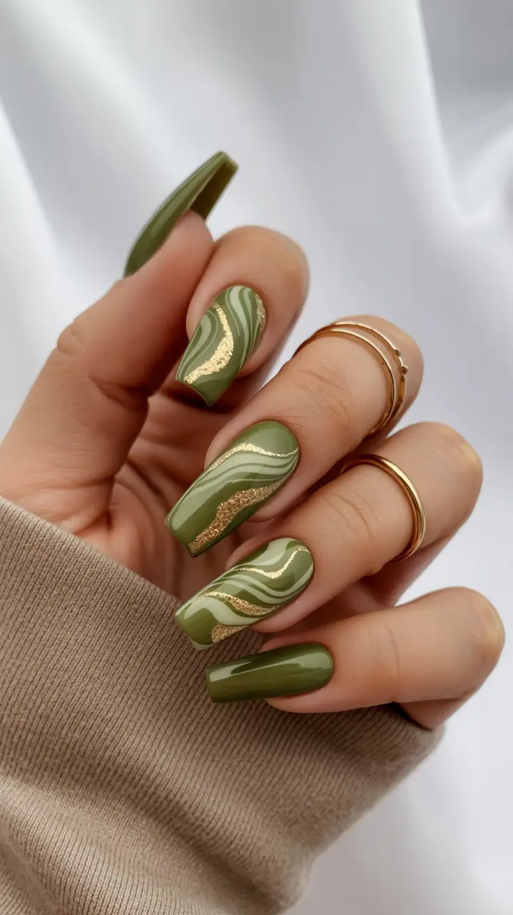 Olive green fall nails 2025 Swirled Olive with Golden Veins