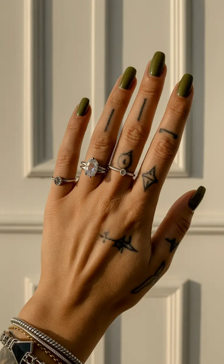 Olive green fall nails 2025 Glossy Olive Elegance