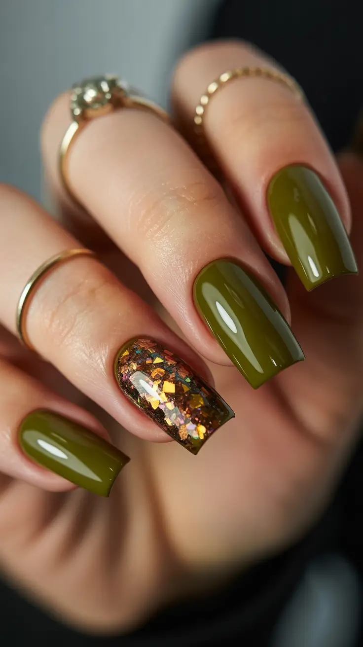 Olive green fall nails 2025 Olive with Copper Foil Accent