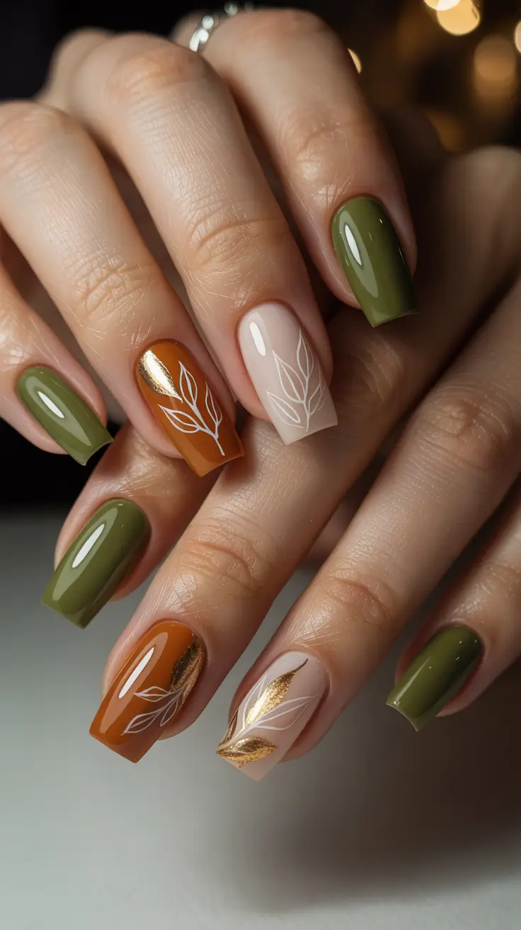 Olive green fall nails 2025 Autumn Leaves with Olive and Burnt Orange