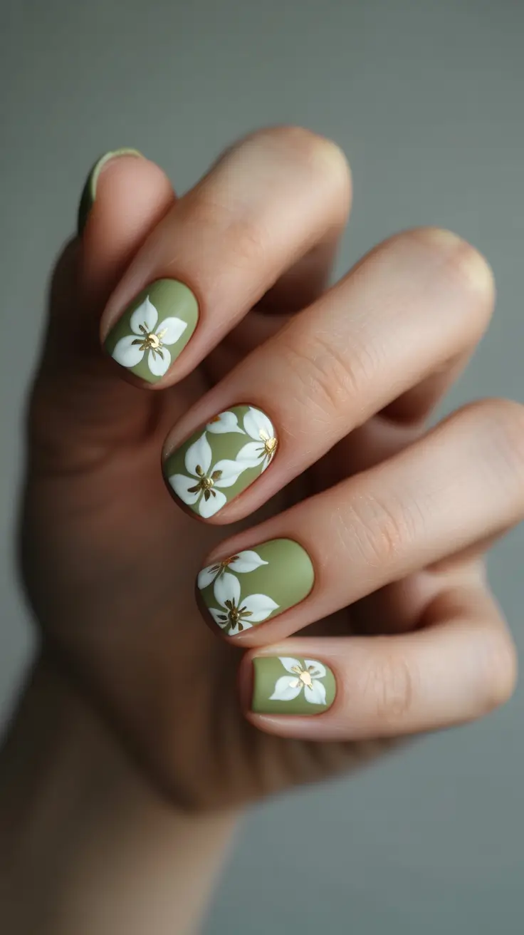 Olive green fall nails 2025 Soft Olive Florals on Short Nails