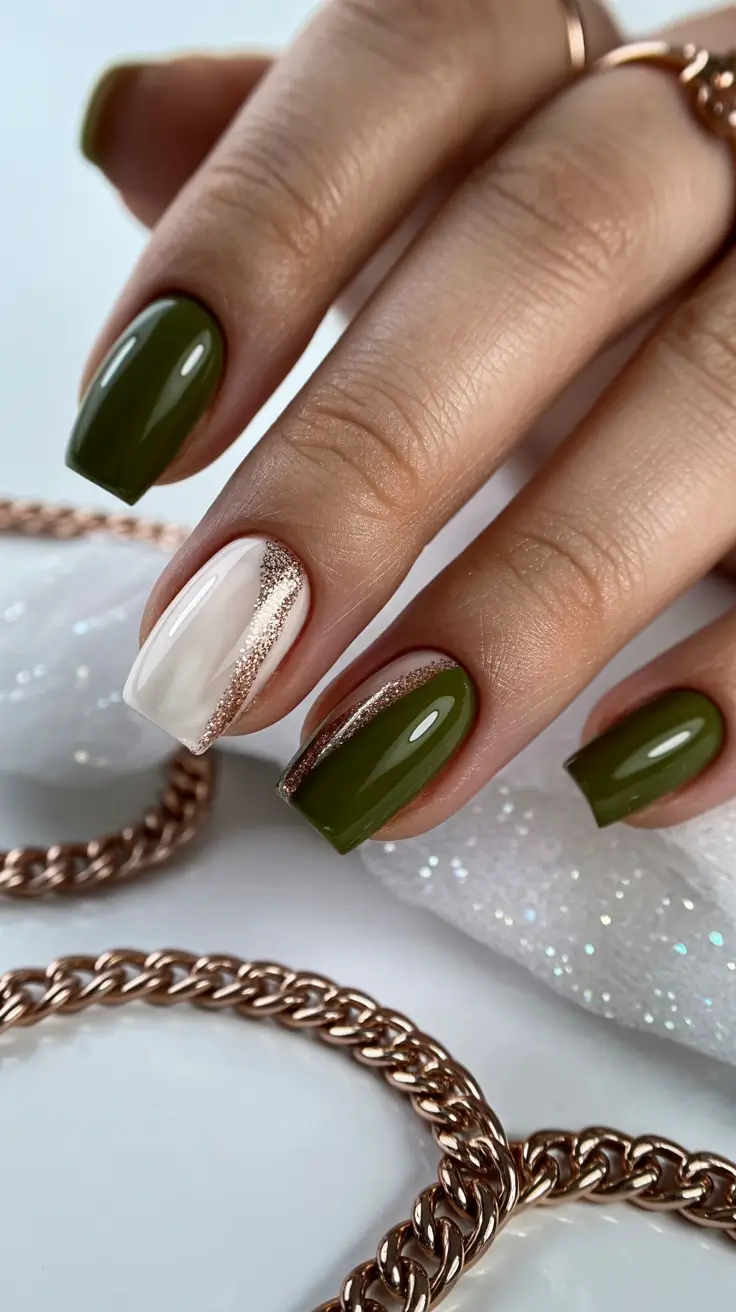 Olive green fall nails 2025 Olive with Rose Gold Accents