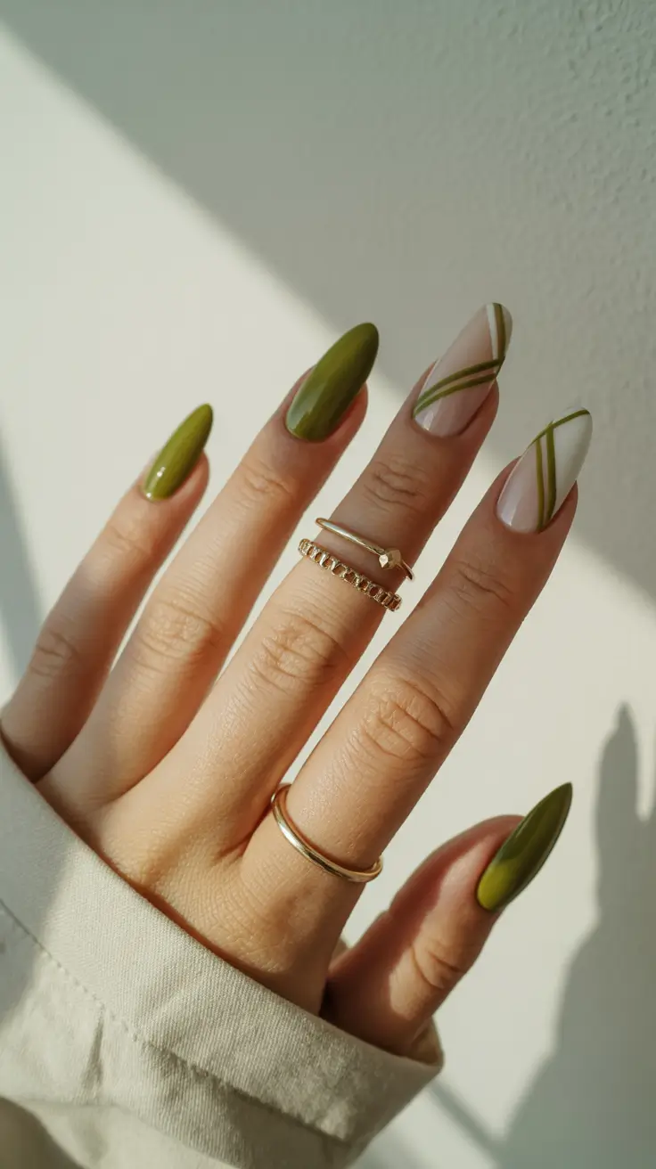 Olive green fall nails 2025 Geometric Olive Lines