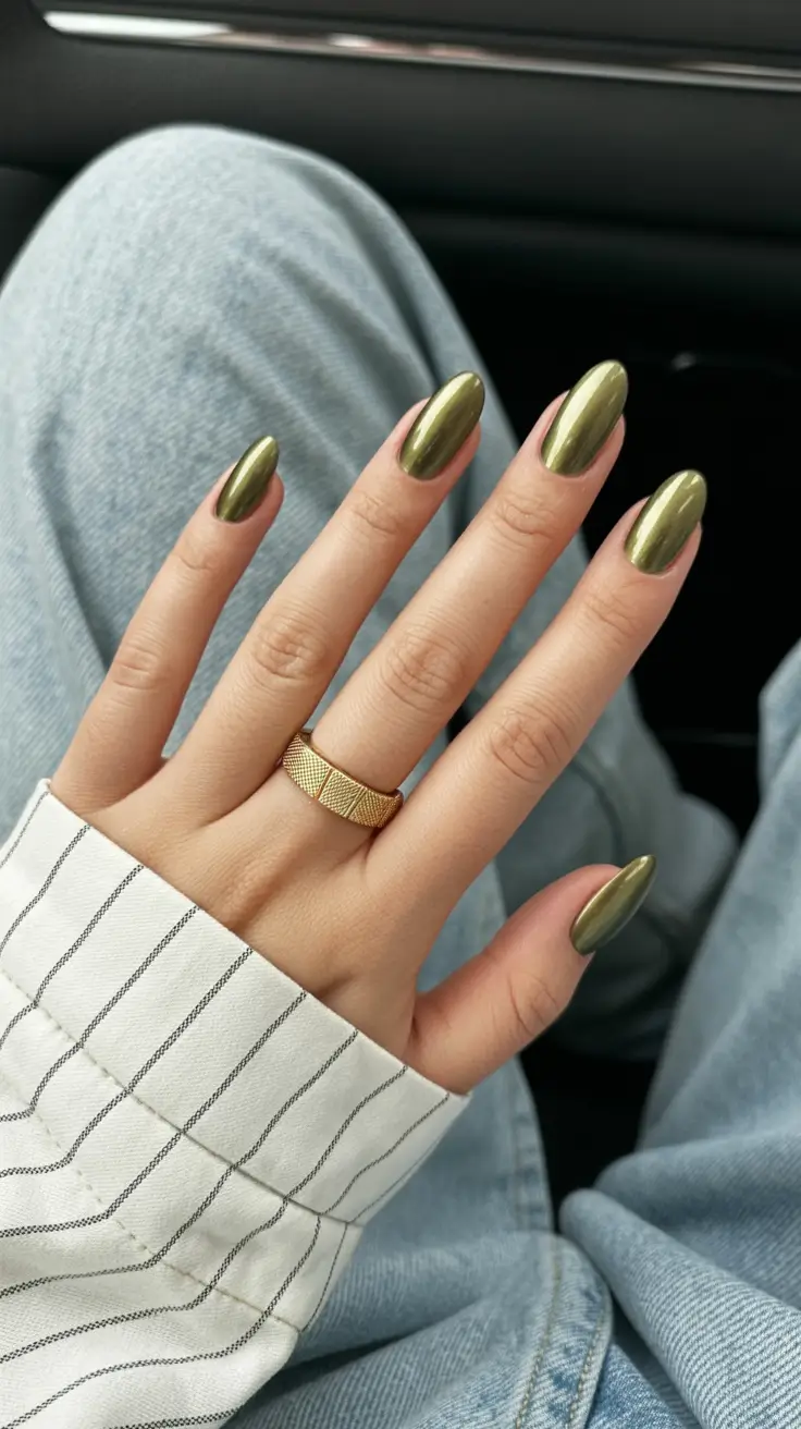 Olive green fall nails 2025 Chrome Olive Almonds