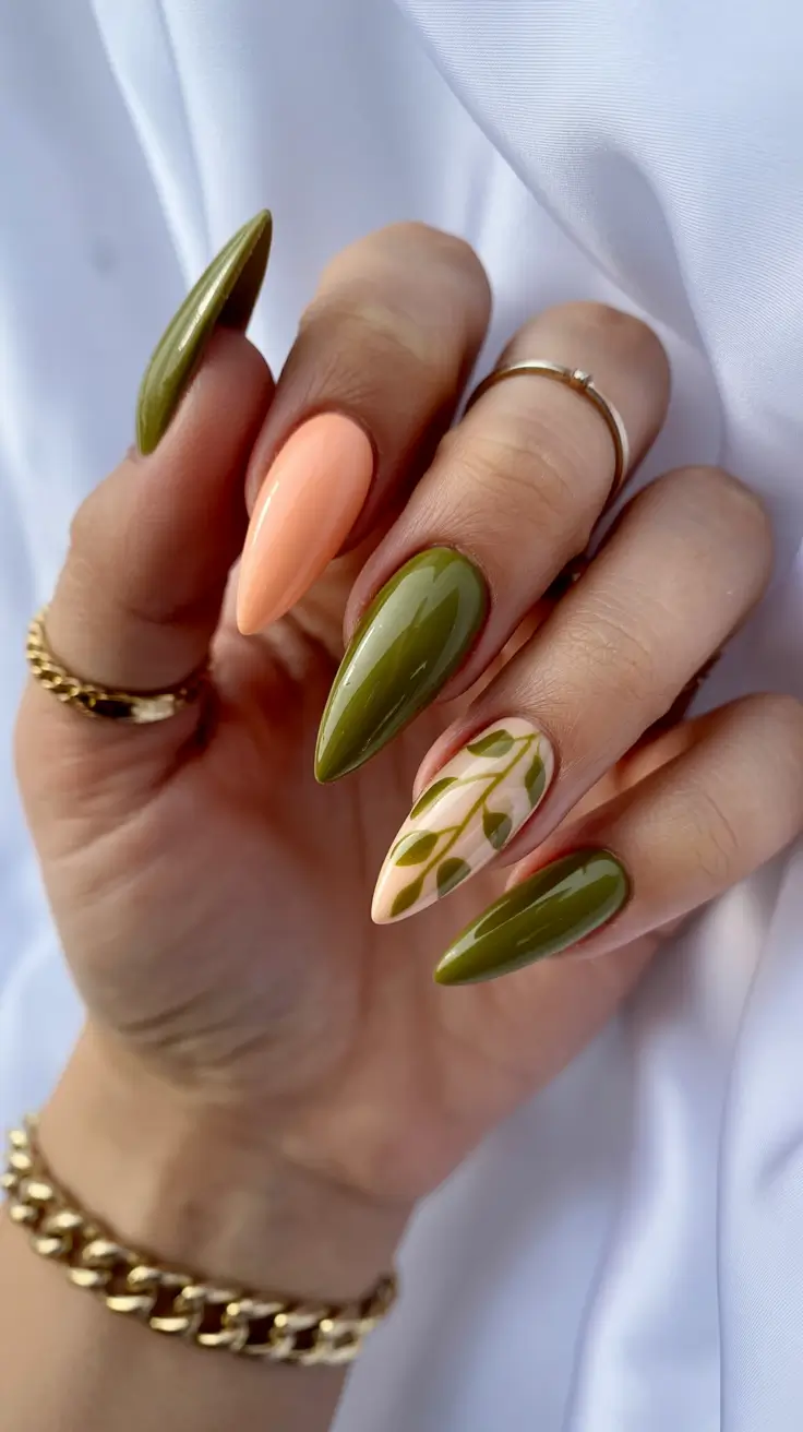 Olive green fall nails 2025 Peach and Olive Botanical Mix