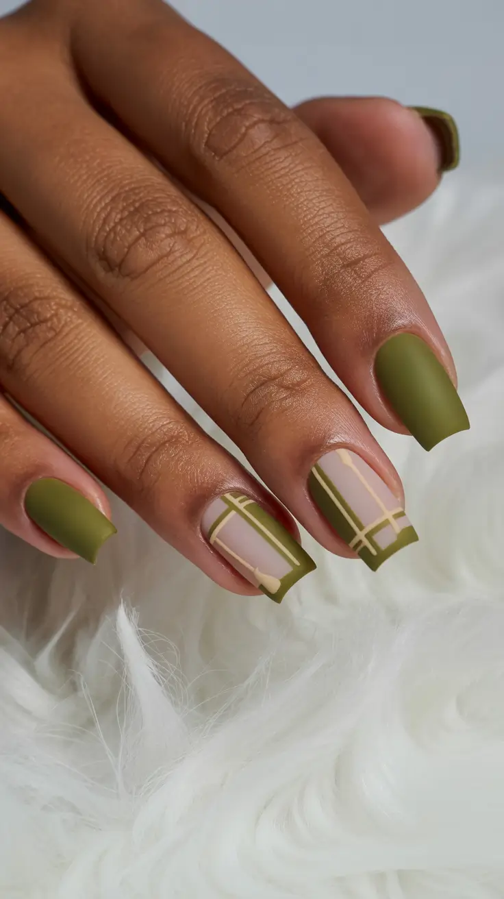 Olive green fall nails 2025 Geometric Olive Matte with Neutrals