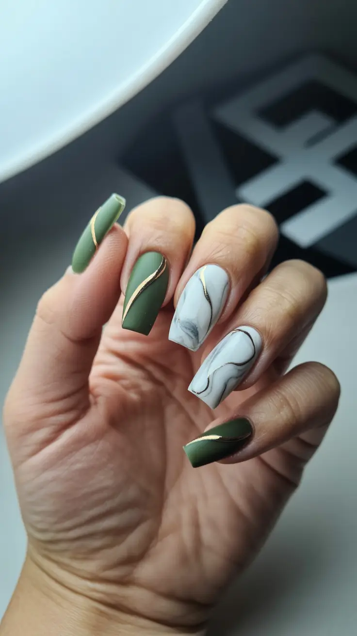 Olive green fall nails 2025 Olive and Marble Fusion