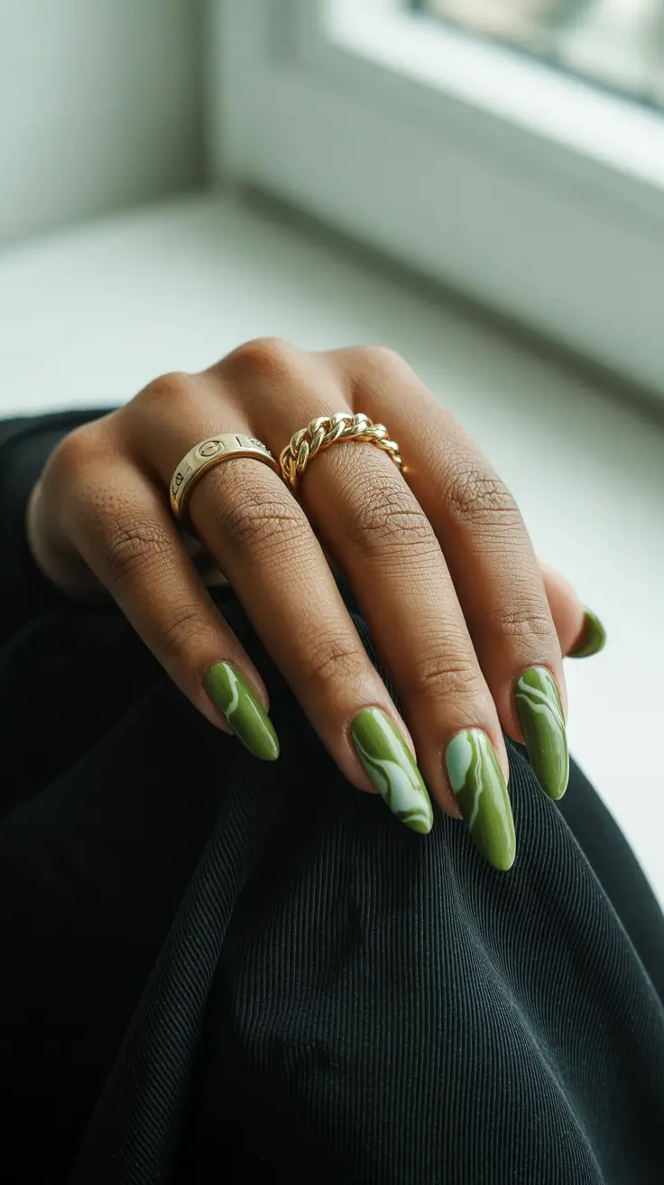 Olive green fall nails 2025 Glossy Olive with Subtle Waves