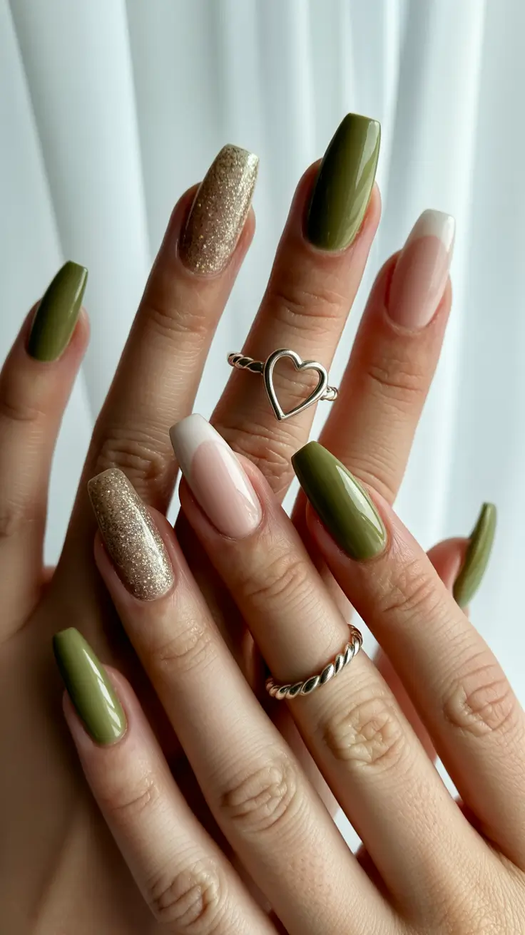 Olive green fall nails 2025 Mixed Neutrals, Glitter, and Olive Drama