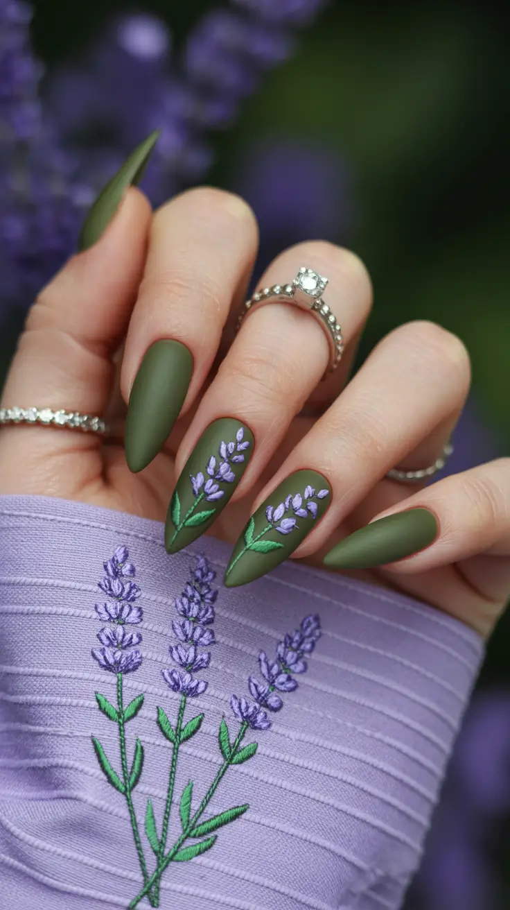 Olive green fall nails 2025 Matte Olive with Lavender Floral Accents