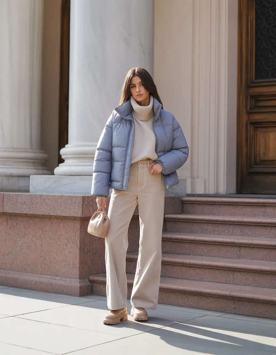 puffer jacket outfit 2025-2026 Cozy Neutrals Meet City Chic