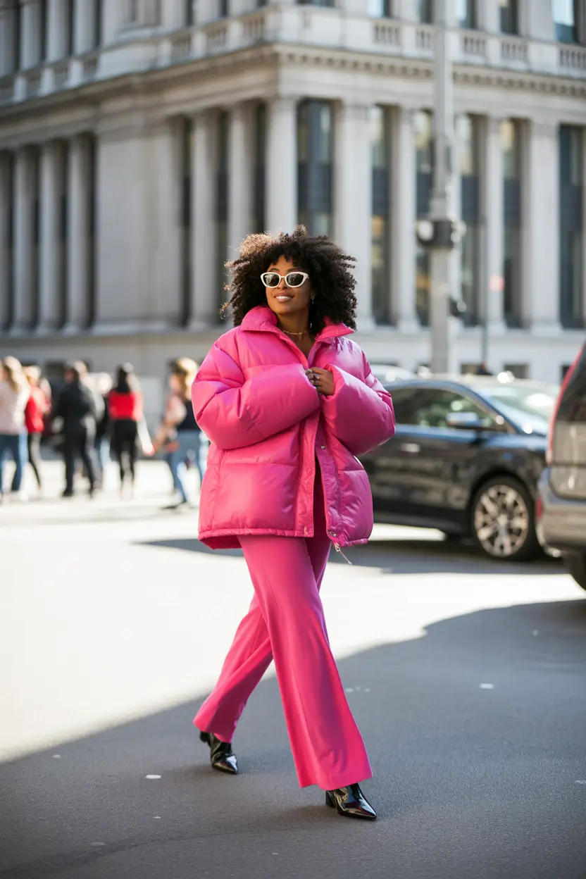 puffer jacket outfit 2025-2026 All-Pink Power Play