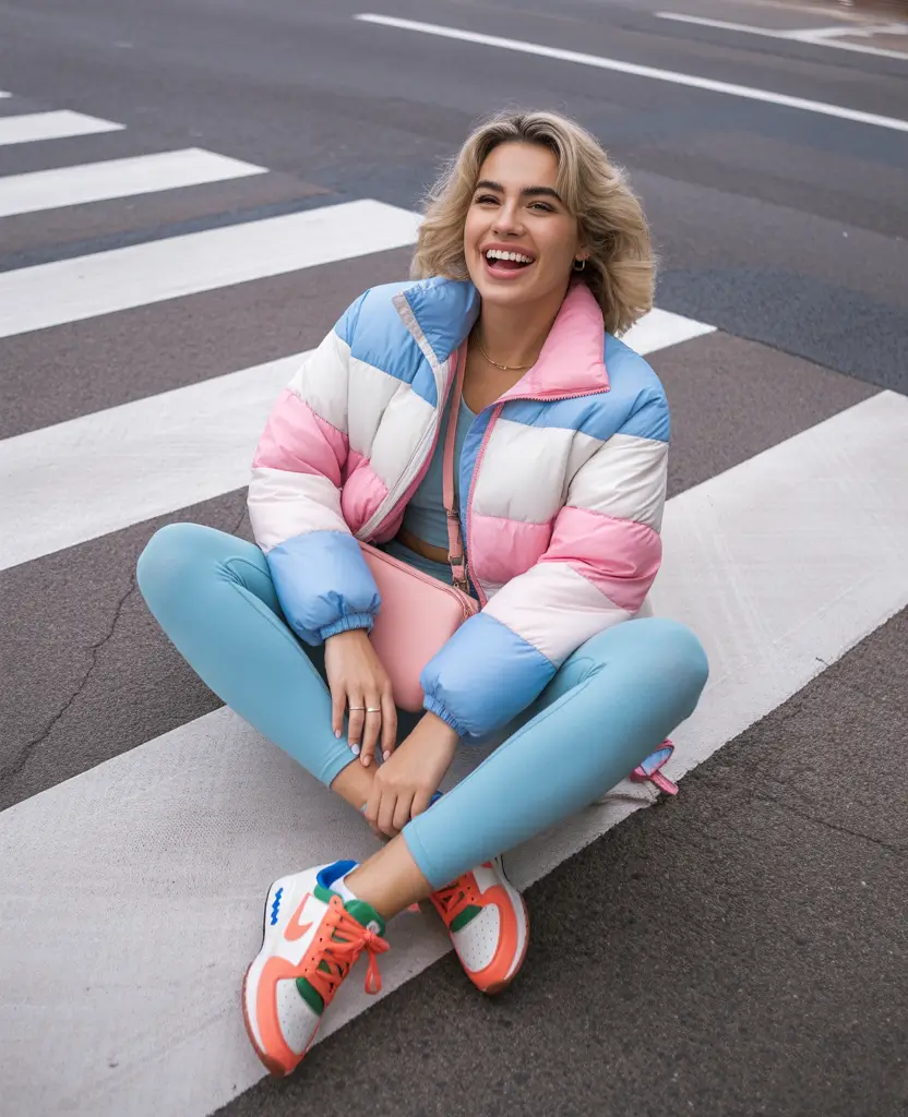 puffer jacket outfit 2025-2026 Sporty Pop Pastels Done Right