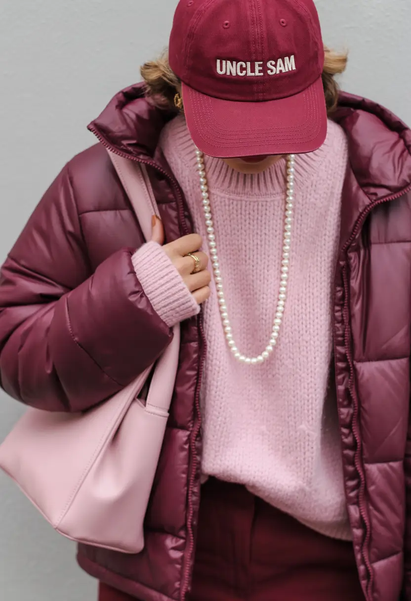 puffer jacket outfit 2025-2026 Wine & Powder Pastels