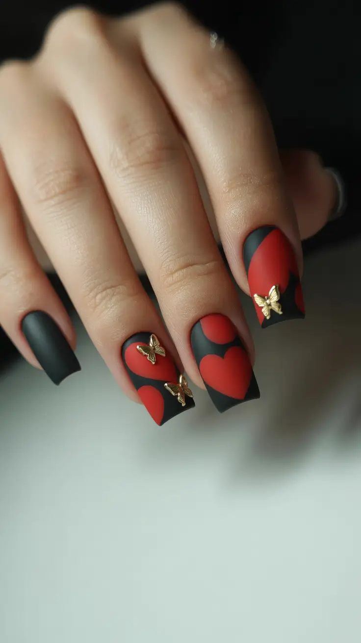 red fall nails 2025 Matte Black and Red with Golden Butterflies