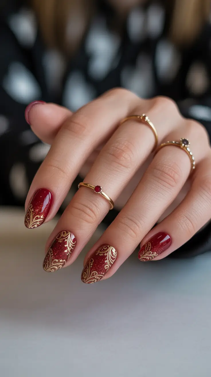red fall nails 2025 Golden Baroque Detailing