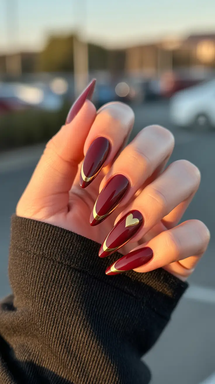 red fall nails 2025 Burgundy Elegance with Gold Accents