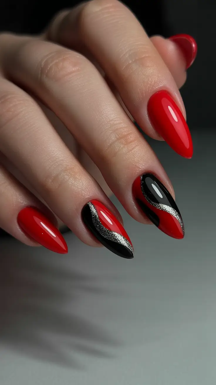 red fall nails 2025 Red and Black Waves with Silver Glitter