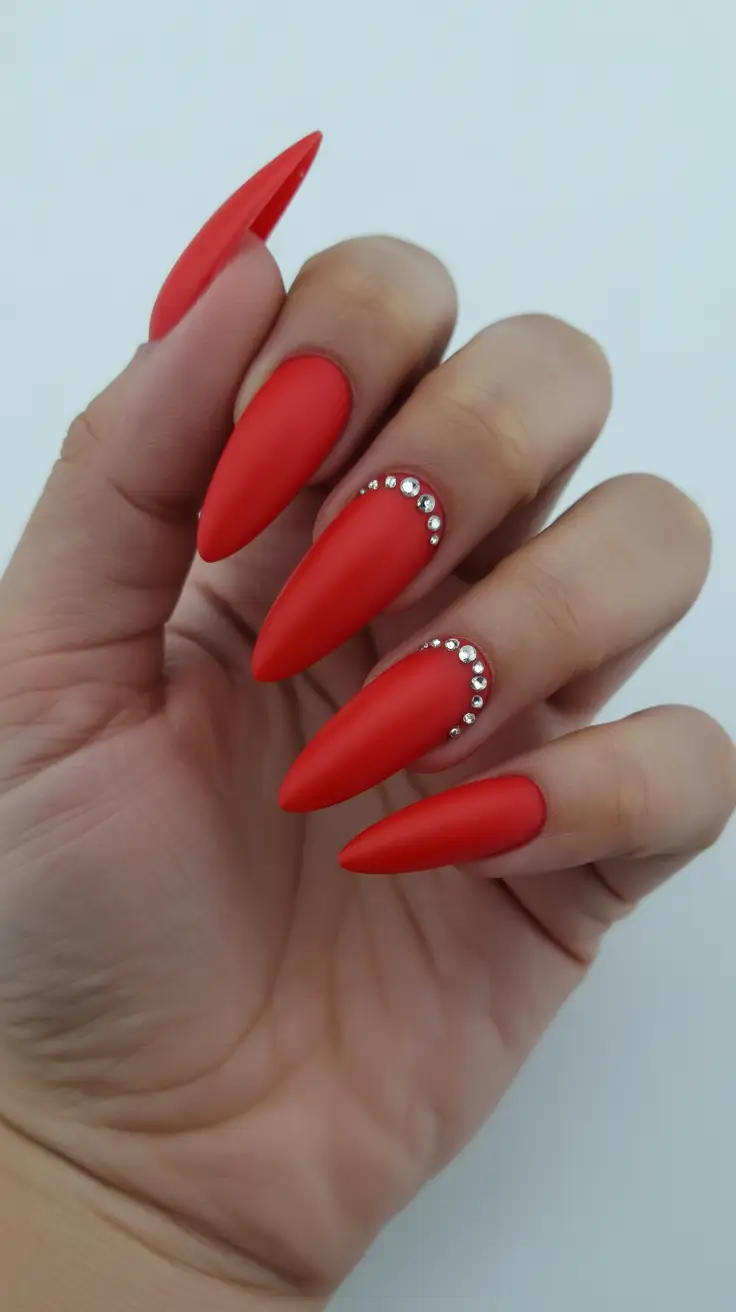 red fall nails 2025 matte red with rhinestones