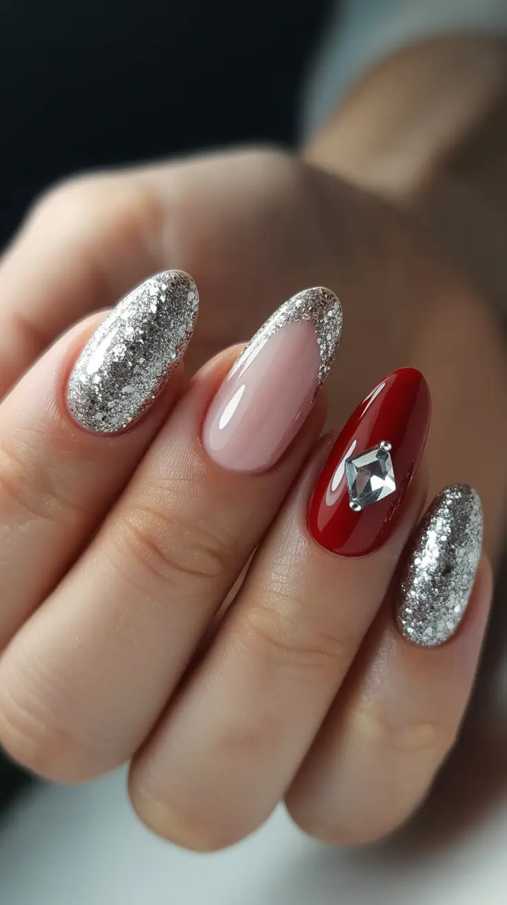 red fall nails 2025 red and silver glam