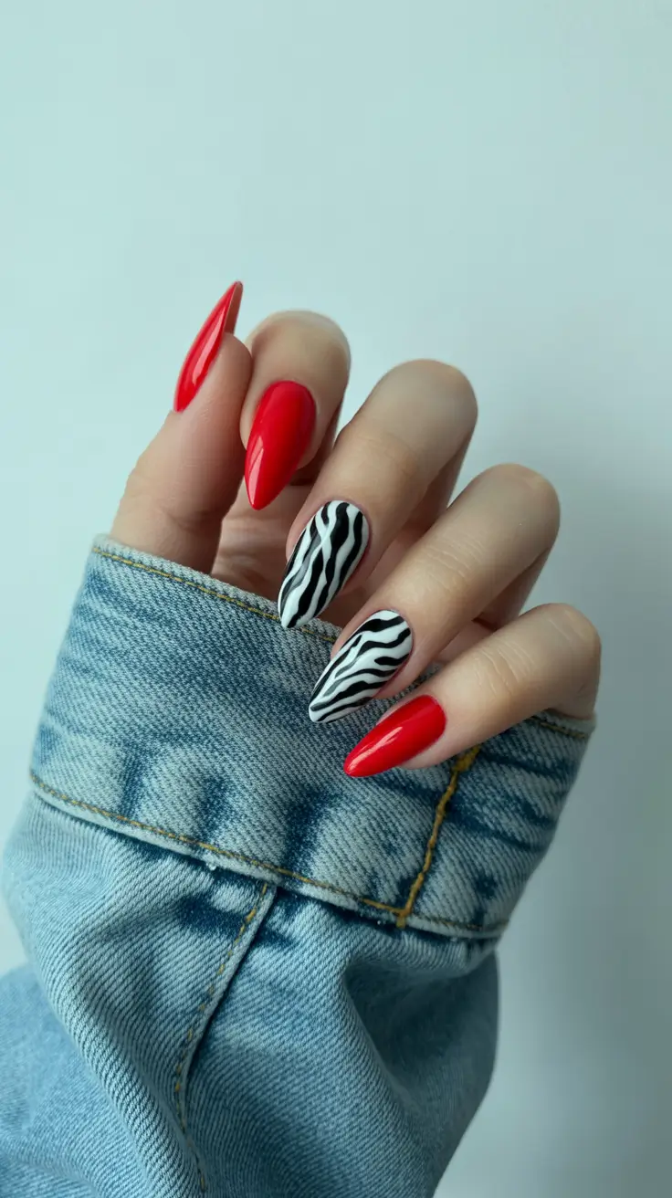 red fall nails 2025 red and zebra print mix