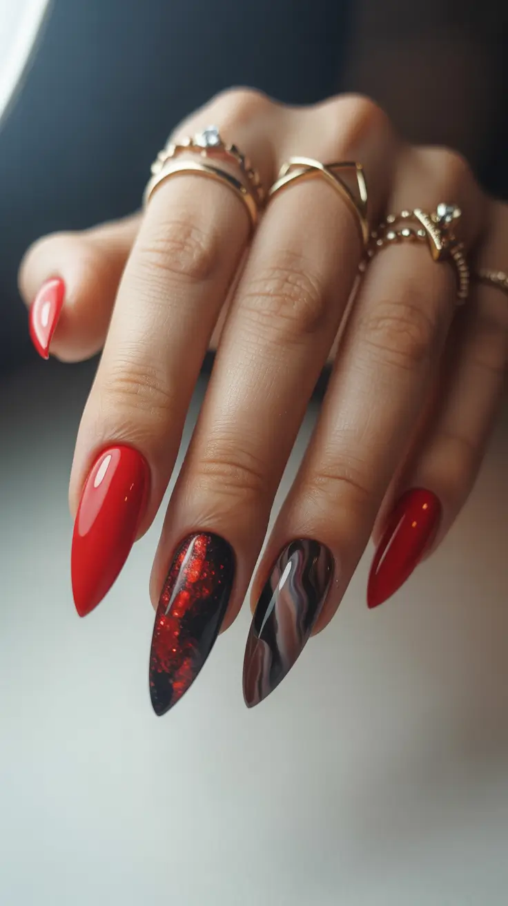 red fall nails 2025 deep red with marble and foil