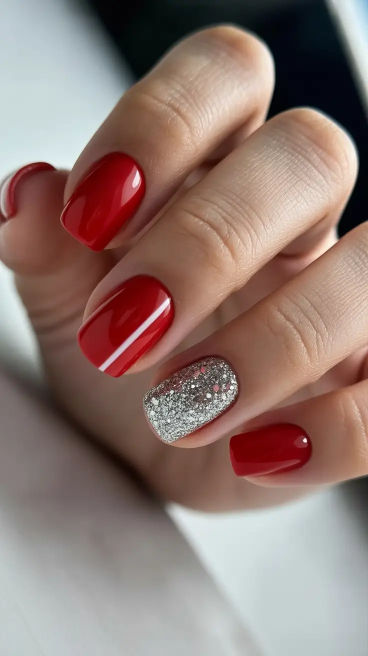 short red nails with silver glitter accent